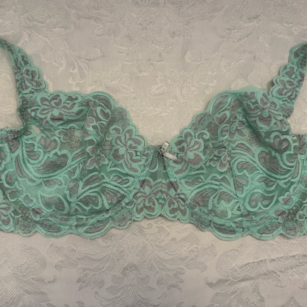 Frederick’s Of Hollywood Bra 38DD Push Up Without Padding Unlined Green Lace - Picture 8 of 8